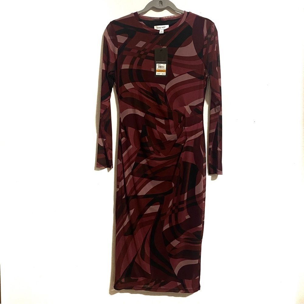 Nine West NWT Wine Colored Purple Patterned Long Sleeve Sheer Midi Dress Sz S